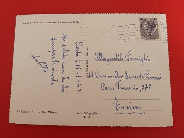 Cartolina Aosta - Fontana Luminosa e Viale Stazione - 1962