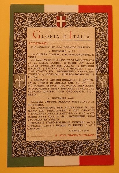 Cartolina Grolia d' Italia - 4 Novembre - 1918