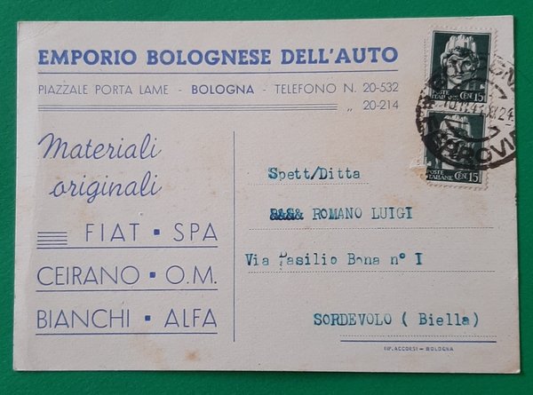 Cartolina Emporio Bolognese dell ' Auto - Bologna - 1941
