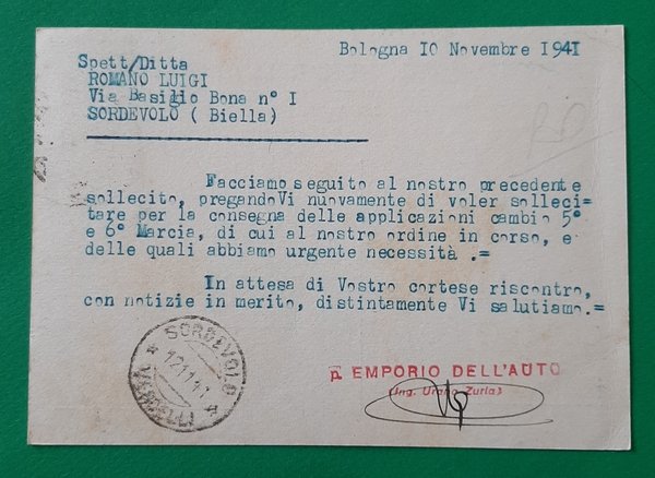 Cartolina Emporio Bolognese dell ' Auto - Bologna - 1941