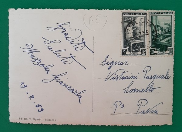Cartolina Bondeno - Piazza Garibaldi - 1953