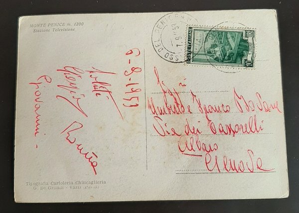 Cartolina Monte Penice - Stazione Televisione - 1953