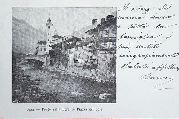 Cartolina Susa - Ponte sulla Dora in Piazza del Sole …