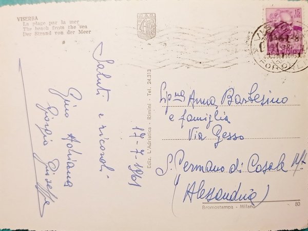 Cartolina - Viserba - Scogliera e spiaggia - 1961
