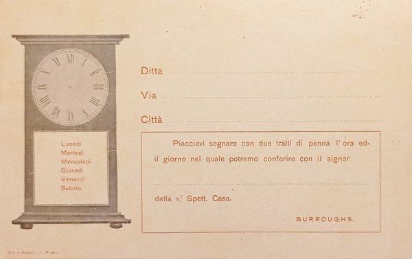 Cartolina - Pubblicitaria - Addizionatrice Burroughs - Torino - 1920 …