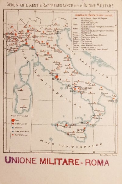 Cartolina - Sedi, Stabilimenti e Rappresentanze dell'Unione Militare - 1900