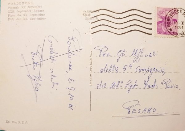 Cartolina - Pordenone - Piazzale XX Settembre - 1961