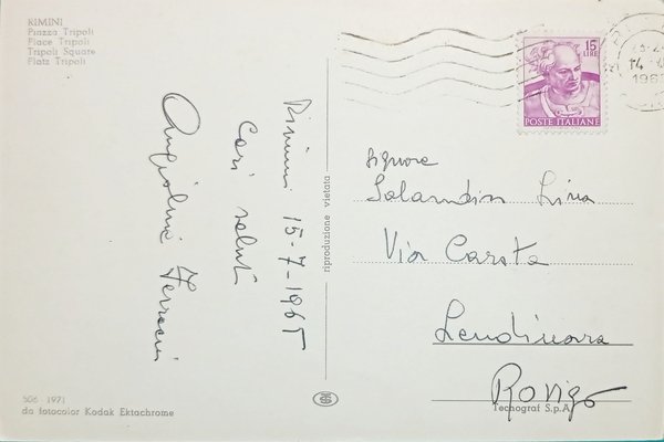 Cartolina - Rimini - Piazza Tripoli - 1965