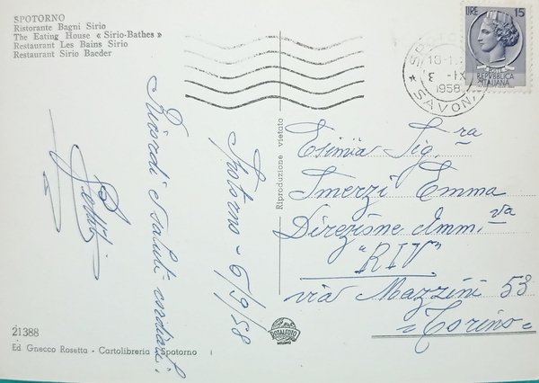 Cartolina - Spotorno - Bar Ristorante Bagni Sirio - 1958