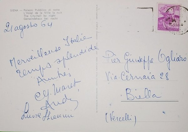 Cartolina - Siena - Palazzo Pubblico di notte - 1964