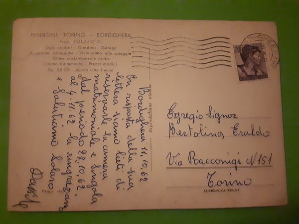 Cartolina - Pensione Torino - Bordighera - 1962
