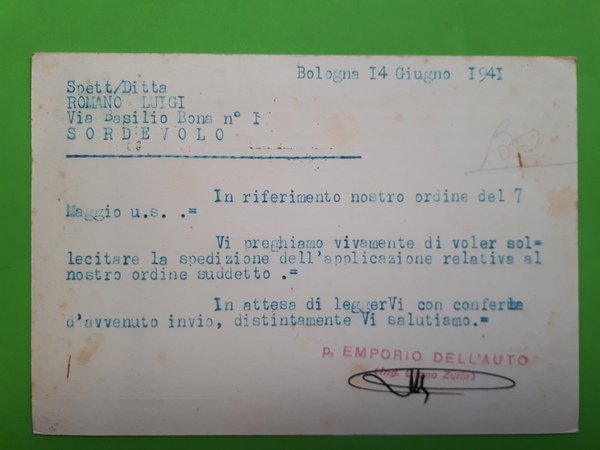 Cartolina - Emporio Bolognese dell'Auto - 1941
