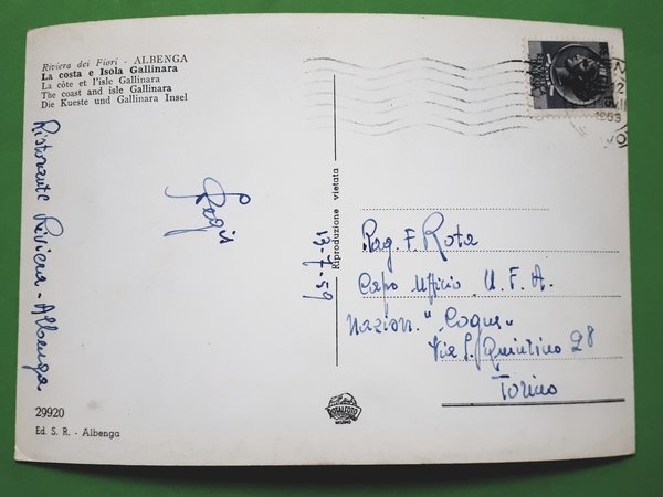 Cartolina - Saluti dalla costa e dall'Isola Gallinara di Albenga …