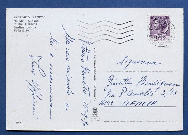 Cartolina Vittorio Veneto - Giardini Pubblici - 1970
