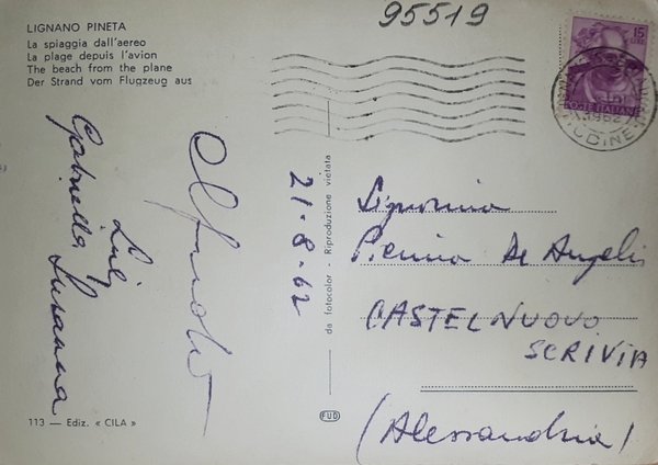 Cartolina - Lignano Pineta - La Spiaggia dall'aereo - 1962