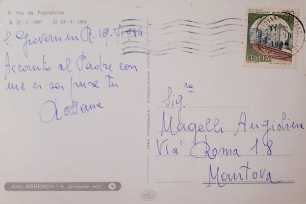 Cartolina - Padre Pio da Pietrelcina - 1984