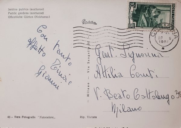 Cartolina - Cremona - Giardini Pubblici ( Notturno ) - …