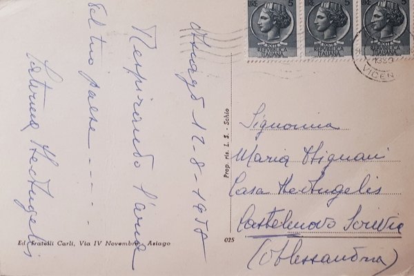 Cartolina - Asiago - Fontana e Torre Civica - 1958