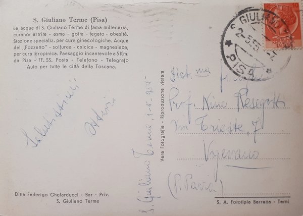 Cartolina - S. Giuliano Terme ( Pisa ) - 1955
