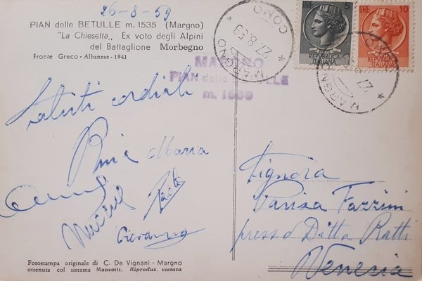 Cartolina - Pian delle Betulle ( Margno ) - 1959