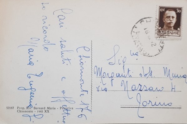 Cartolina - Chiomonte - Albergo Vittoria - 1942