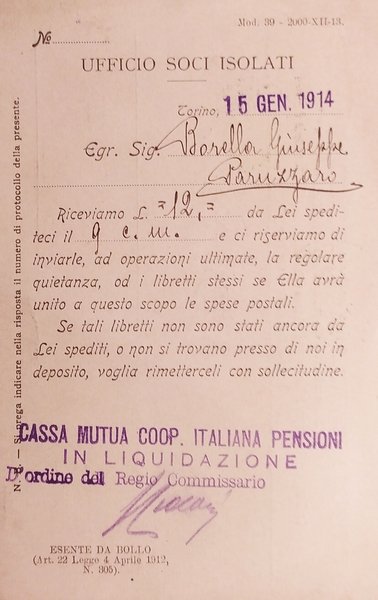 Cartolina Istituto Nazionale delle Assicurazioni Ufficio Soci Isolati Roma 1914