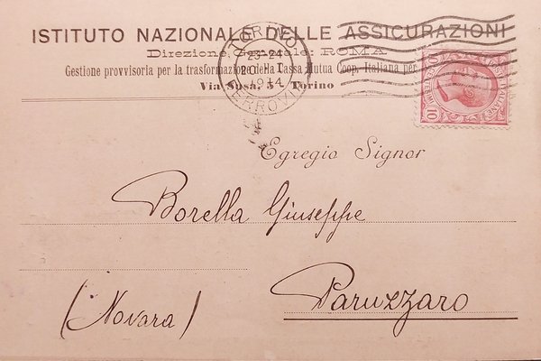 Cartolina Istituto Nazionale delle Assicurazioni Ufficio Soci Isolati Roma 1914