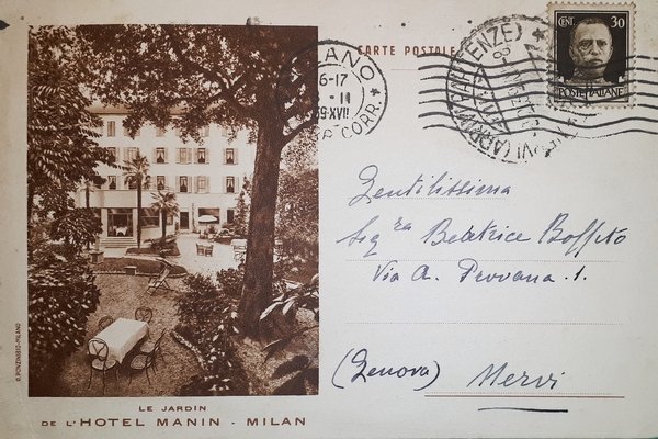 Cartolina - Hotel Manin - Milano - 1939