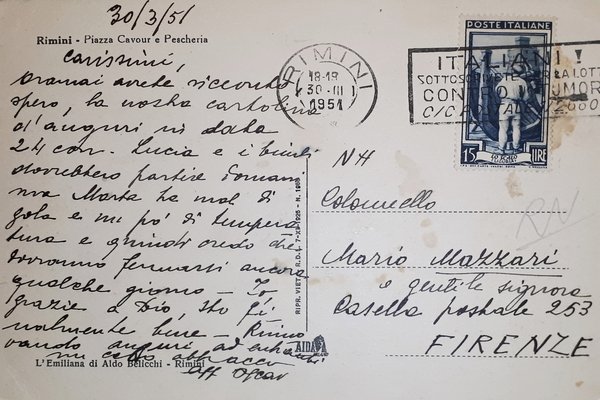 Cartolina - Rimini - Piazza Cavour e Pescheria - 1951