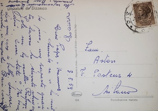 Cartolina - Un saluto da Dizzasco - 1959