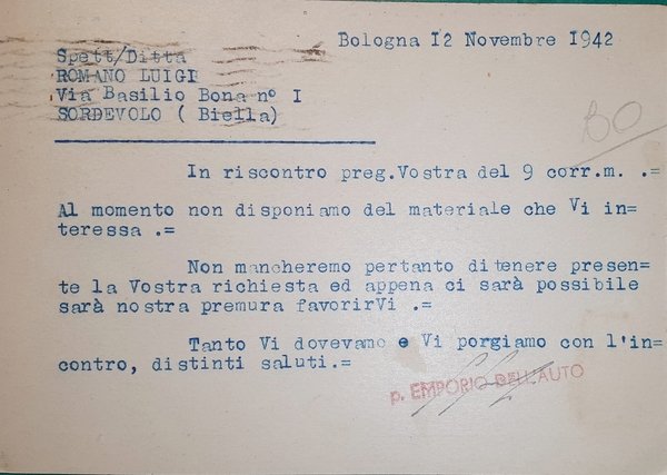 Cartolina - Pubblicitaria Emporio dell'auto - Bologna - Materiali originali …