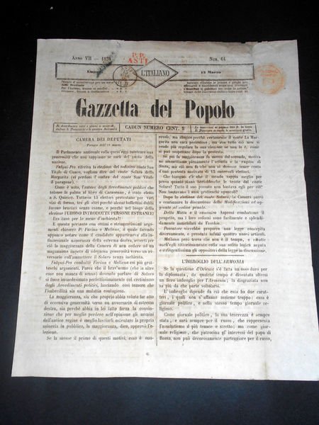 Risorgimento Cavour Torino - Giornale Gazzetta del Popolo n° 64 …