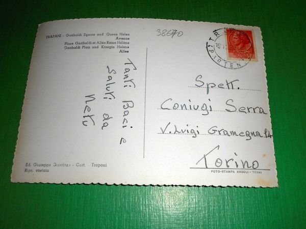 Cartolina Trapani - Piazza Garibaldi e Viale Regina Elena 1955.