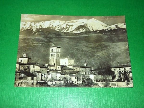 Cartolina Rieti - Panorama parziale con il Terminillo 1951.