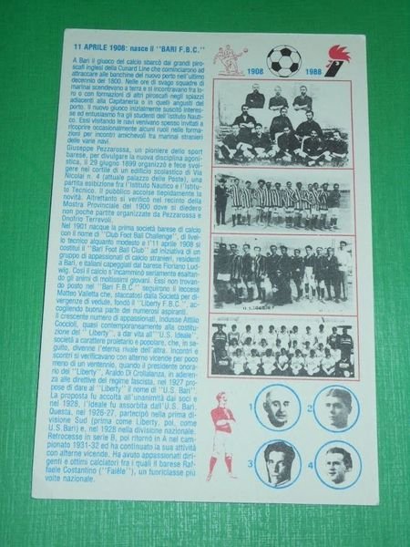 Cartolina Calcio BARI 1908 - 1988.