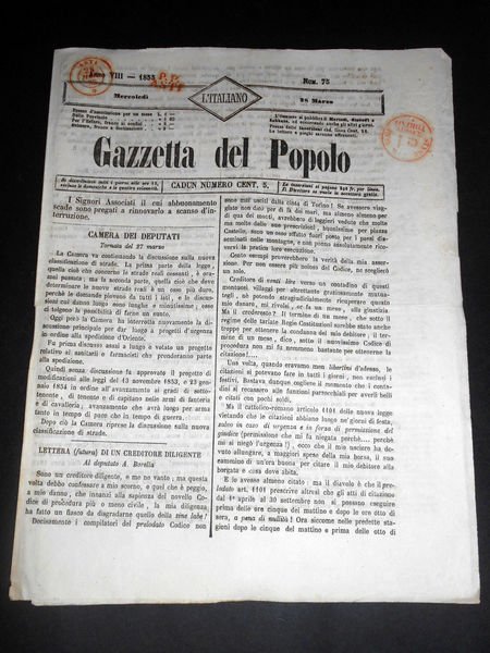 Risorgimento Cavour Torino - Giornale Gazzetta del Popolo n° 75 …