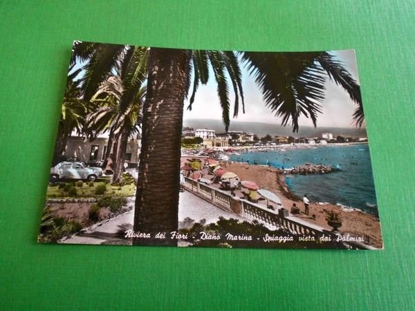Cartolina Diano Marina - Spiaggia vista dai Palmizi 1960.