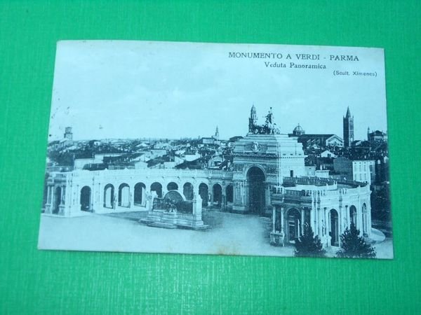 Cartolina Parma - Monumento a Verdi - Veduta panoramica 1920.