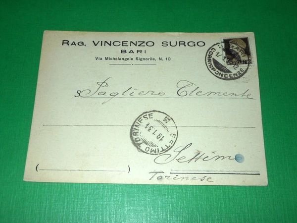Cartolina Pubblicità - Rag. Vincenzo Surgo ( Bari ) 1934.