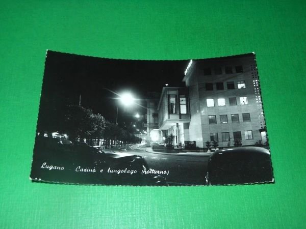 Cartolina Lugano - Casino e lungolago ( notturno ) 1958.