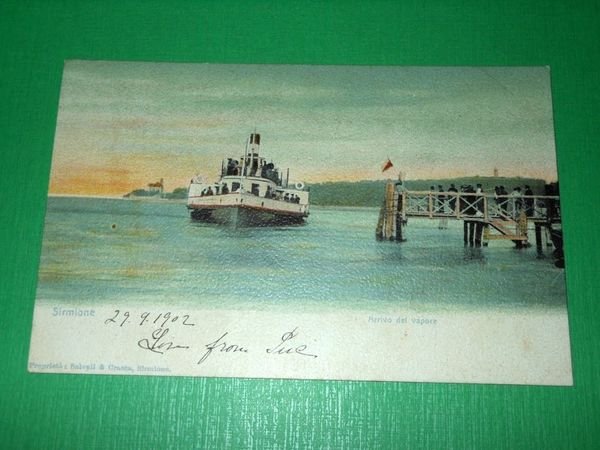 Cartolina Sirmione - Arrivo del vapore 1902.