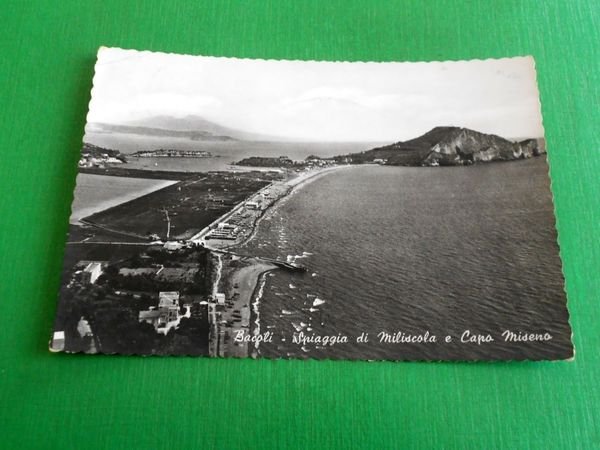 Cartolina Bacoli - Spiaggia di Miliscola e Capo Miseno 1957.
