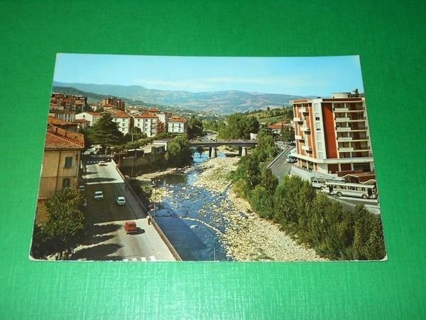 Cartolina Porretta Terme - Fiume Reno e panoramica 1984.