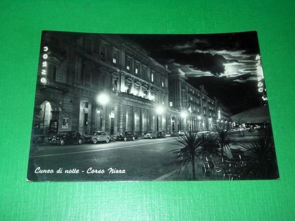 Cartolina Cuneo di notte - Corso Nizza 1955.