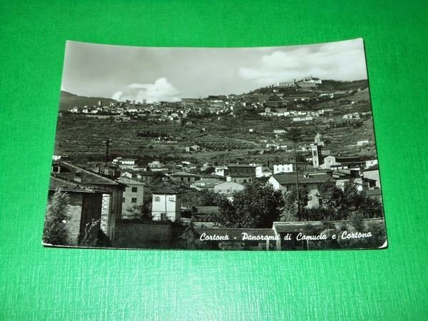 Cartolina Cortona - Panorama di Camucia e Cortona 1956.