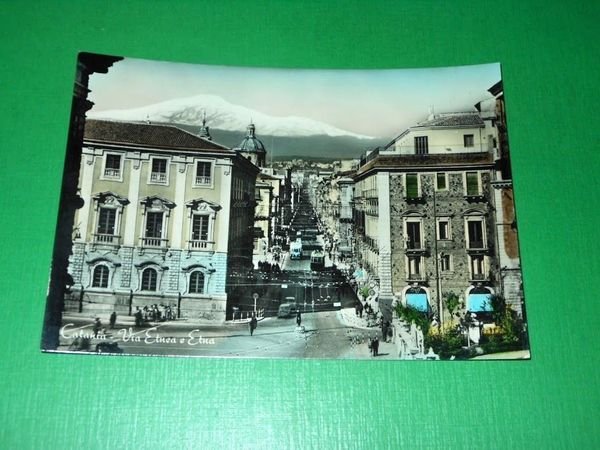 Cartolina Catania - Via Etnea e Etna 1955 ca.