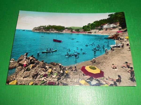 Cartolina Fiascherino ( La Spezia ) - La spiaggia 1962.