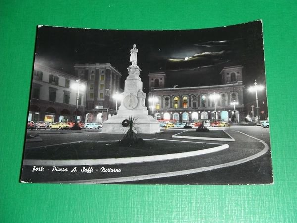Cartolina Forlì - Piazza A. Saffi ( notturno ) 1965.