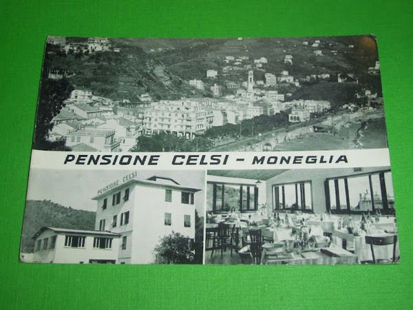 Cartolina Moneglia - Pensione Celsi e Panorama 1955 ca.