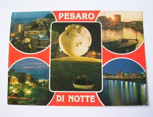 Cartolina Pesaro di notte - Vedute diverse 1981